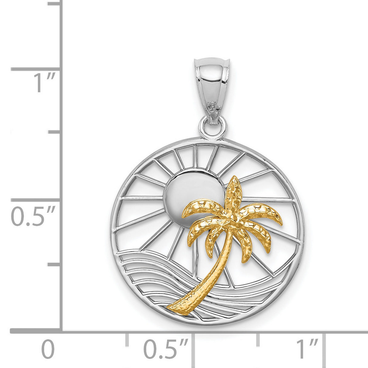14k Two-Tone Gold Pendant with Palm Tree, Sun Rays, and Ocean Wave Design