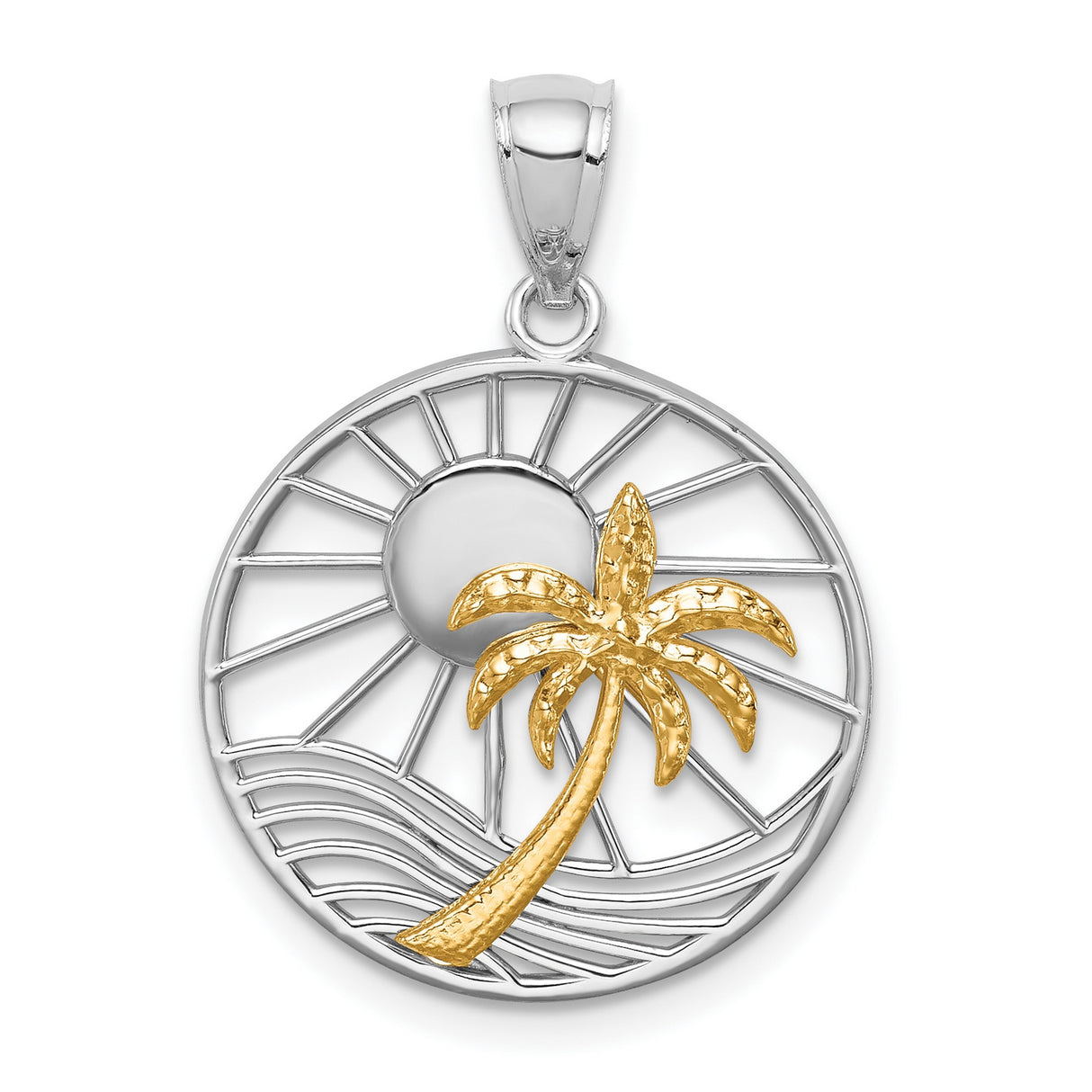 14k Two-Tone Gold Pendant with Palm Tree, Sun Rays, and Ocean Wave Design
