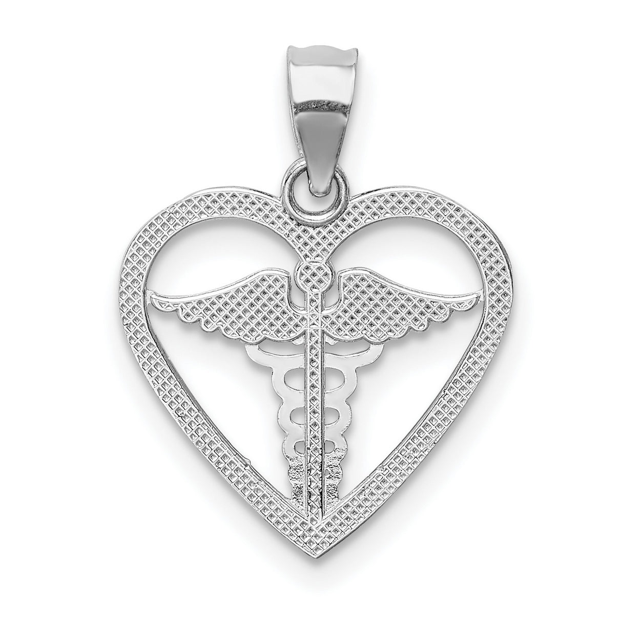 14k White Gold Heart Shaped Caduceus Pendant with Intertwined Serpents and Wings