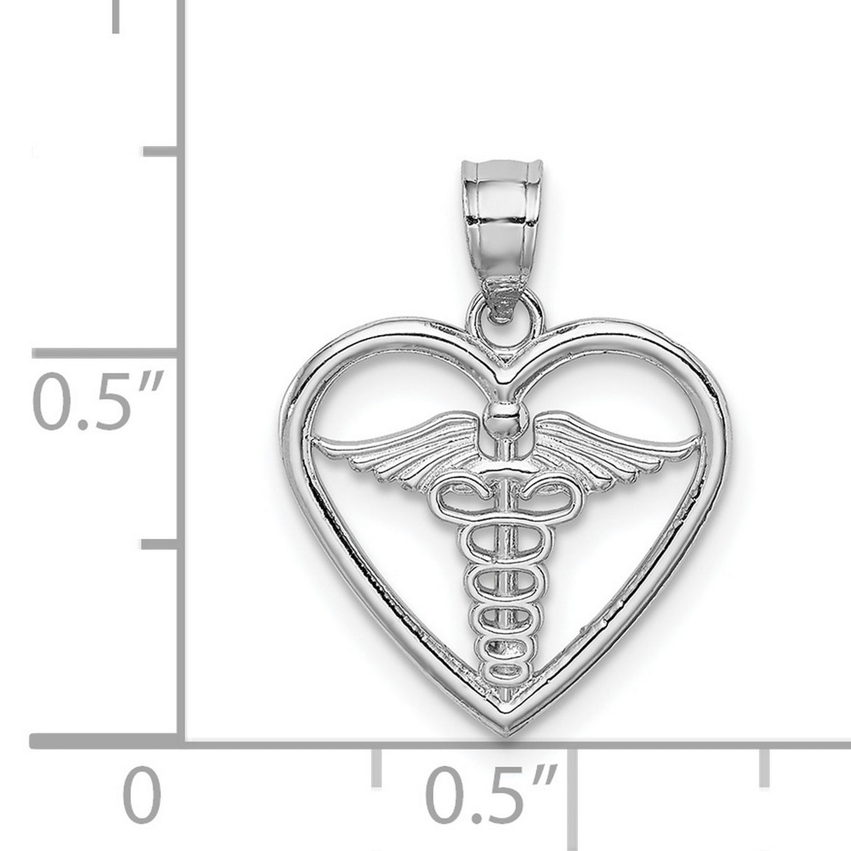 14k White Gold Heart Shaped Caduceus Pendant with Intertwined Serpents and Wings