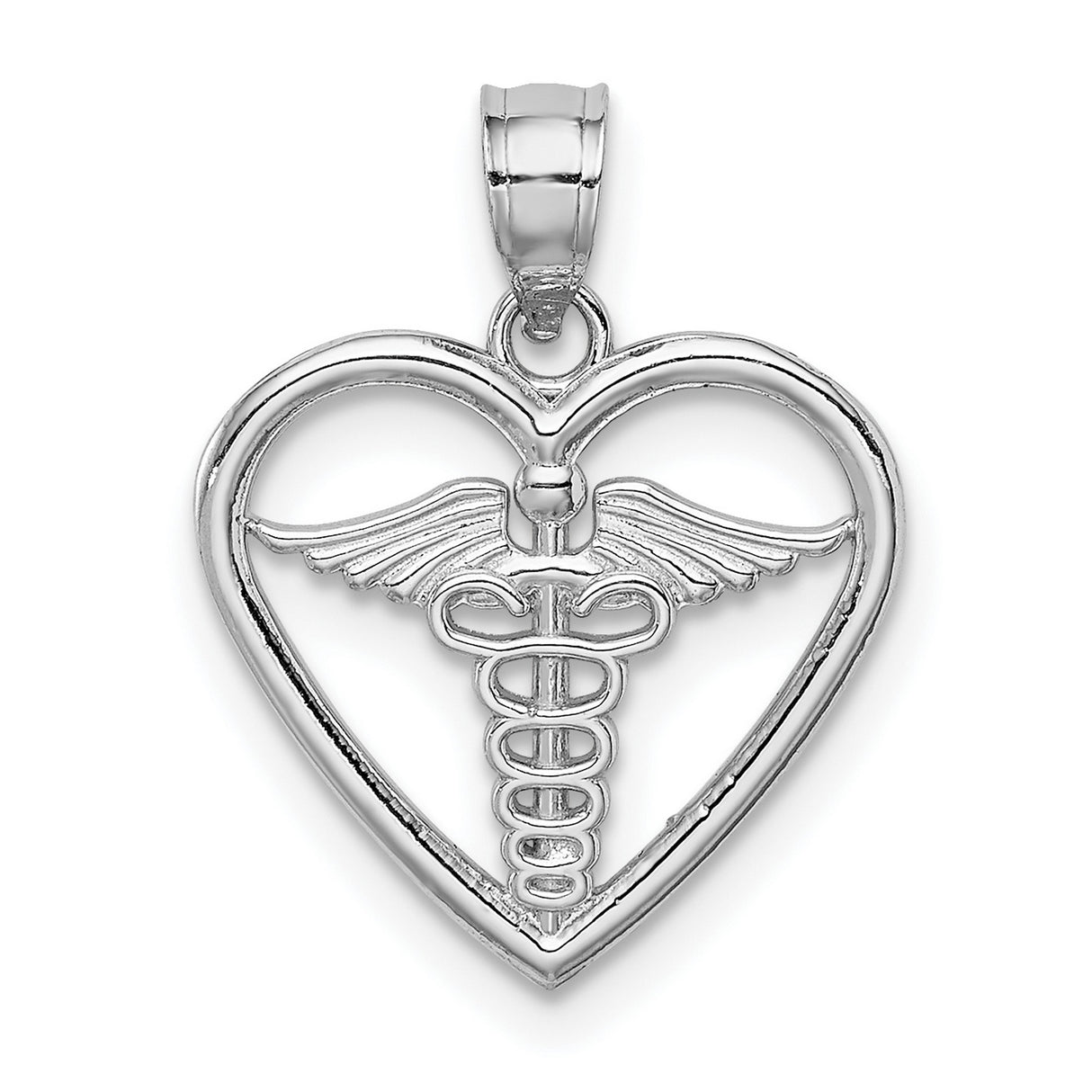 14k White Gold Heart Shaped Caduceus Pendant with Intertwined Serpents and Wings