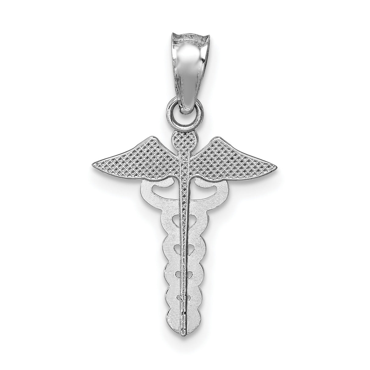 14k White Gold Caduceus Pendant with Winged Snake Staff Symbol of Medicine