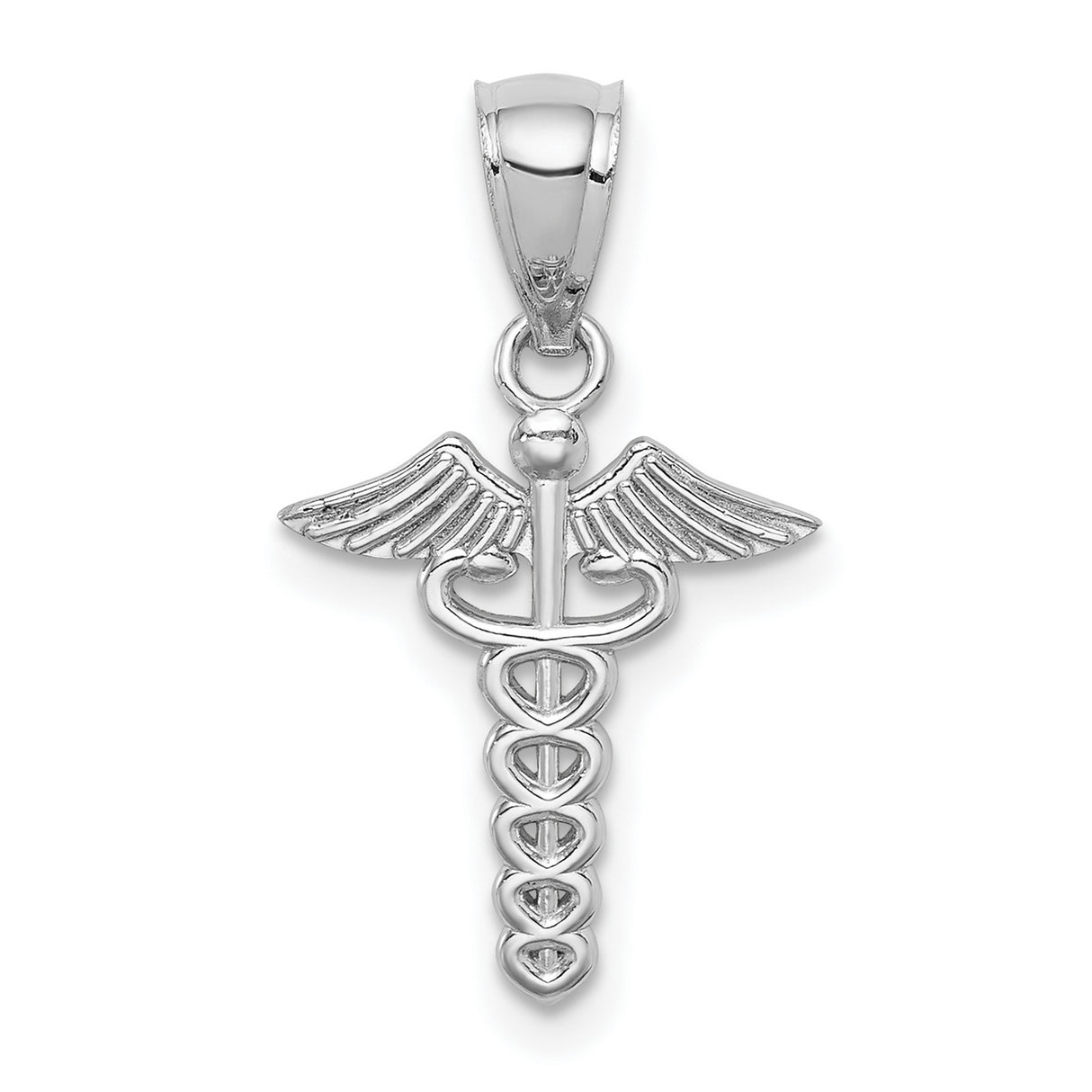 14k White Gold Caduceus Pendant with Winged Snake Staff Symbol of Medicine