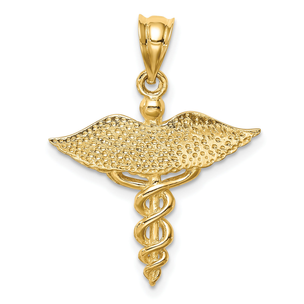 14k Yellow Gold Caduceus Pendant with Winged Staff and Two Snakes, Medical Symbol Charm