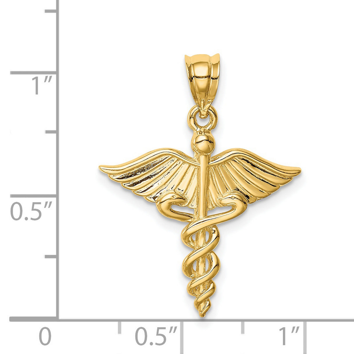 14k Yellow Gold Caduceus Pendant with Winged Staff and Two Snakes, Medical Symbol Charm