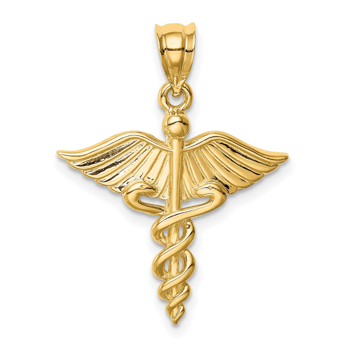 14k Yellow Gold Caduceus Pendant with Winged Staff and Two Snakes, Medical Symbol Charm