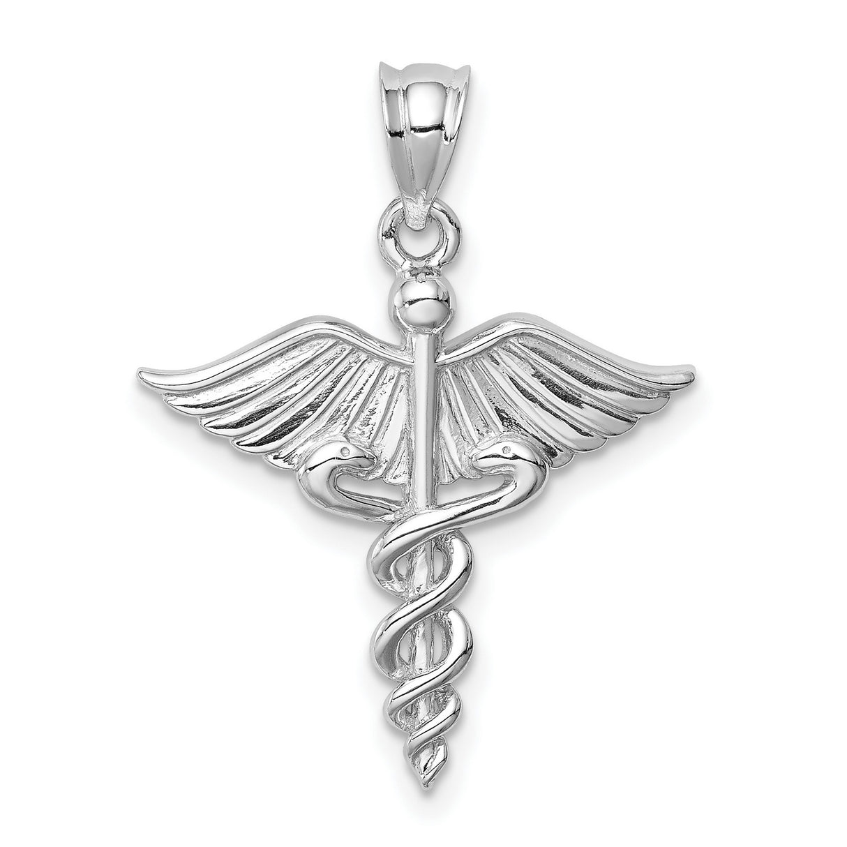 14k White Gold Caduceus Pendant with Winged Staff and Entwined Snakes, Unisex Medical Symbol