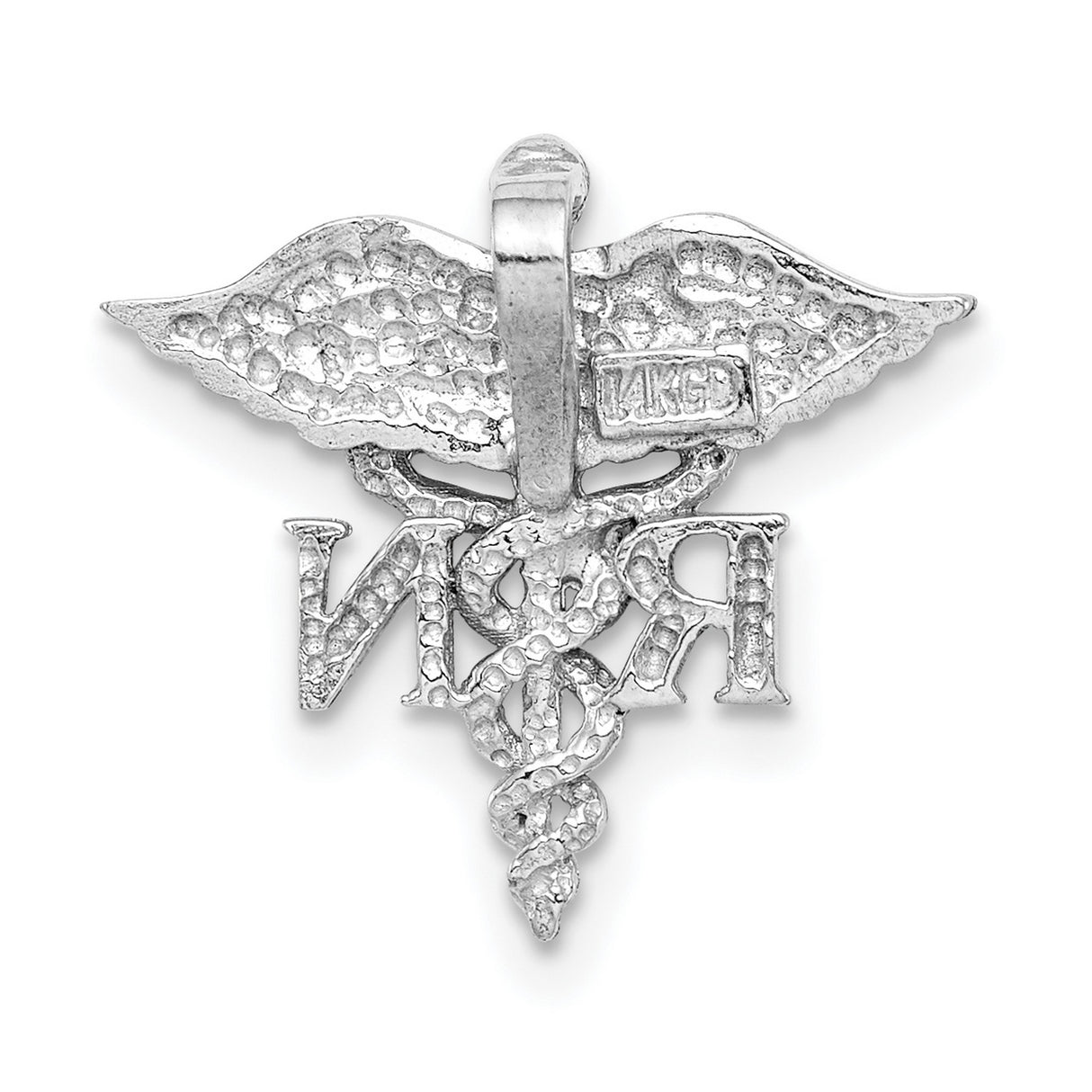 14k White Gold RN Caduceus Pendant, Medical Emblem with Winged Serpent Symbol