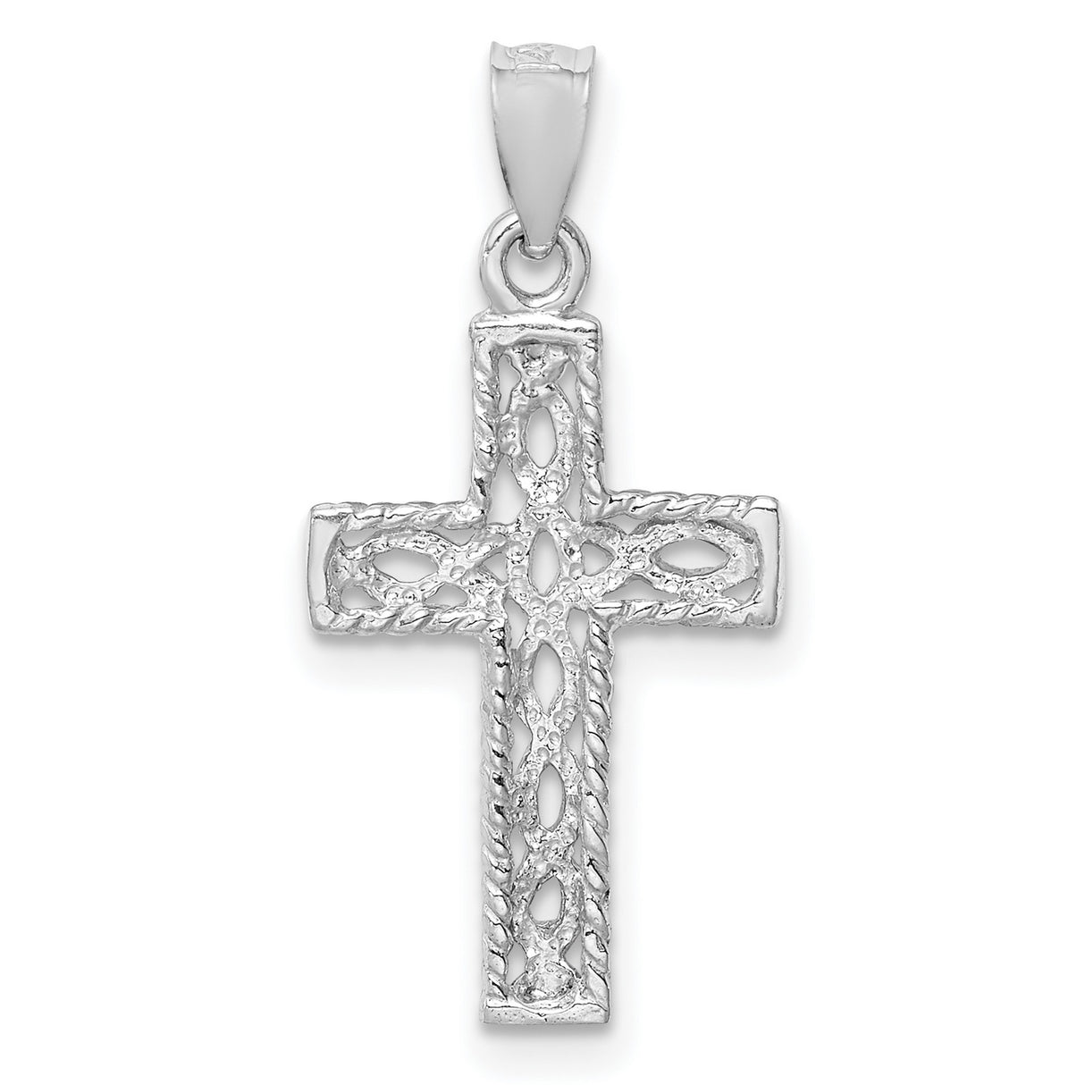 14k White Gold Cross Pendant with Braided Rope Detail and Lattice Design