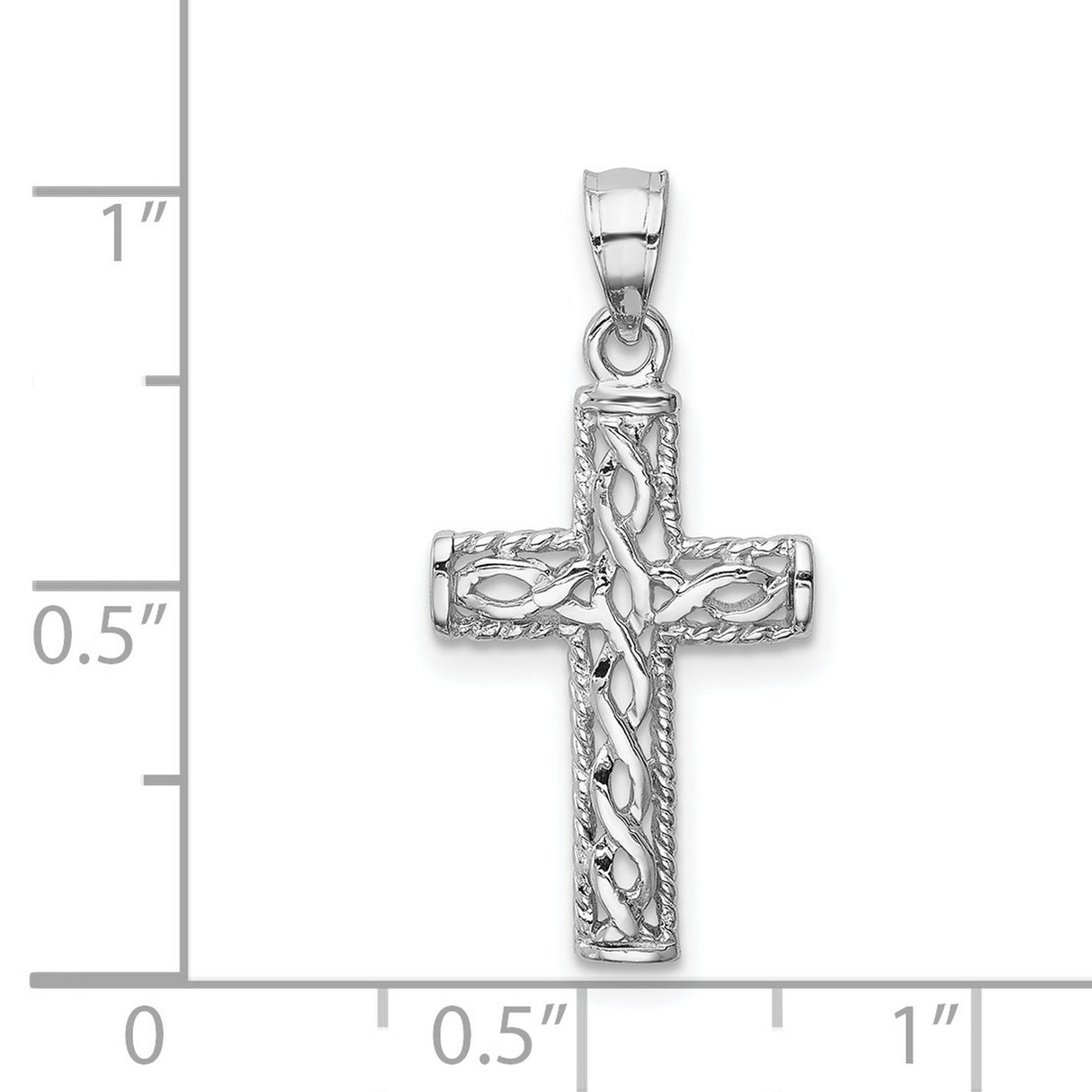 14k White Gold Cross Pendant with Braided Rope Detail and Lattice Design