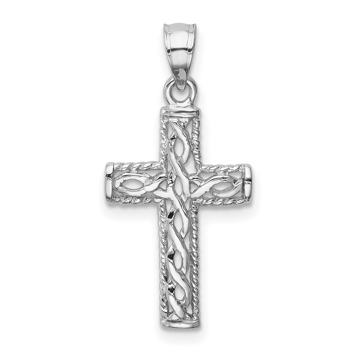 14k White Gold Cross Pendant with Braided Rope Detail and Lattice Design