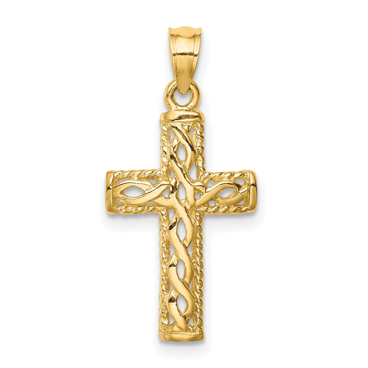 14k Yellow Gold Braided Cross Pendant, Openwork Design, High Polish, Vintage Spiritual Style