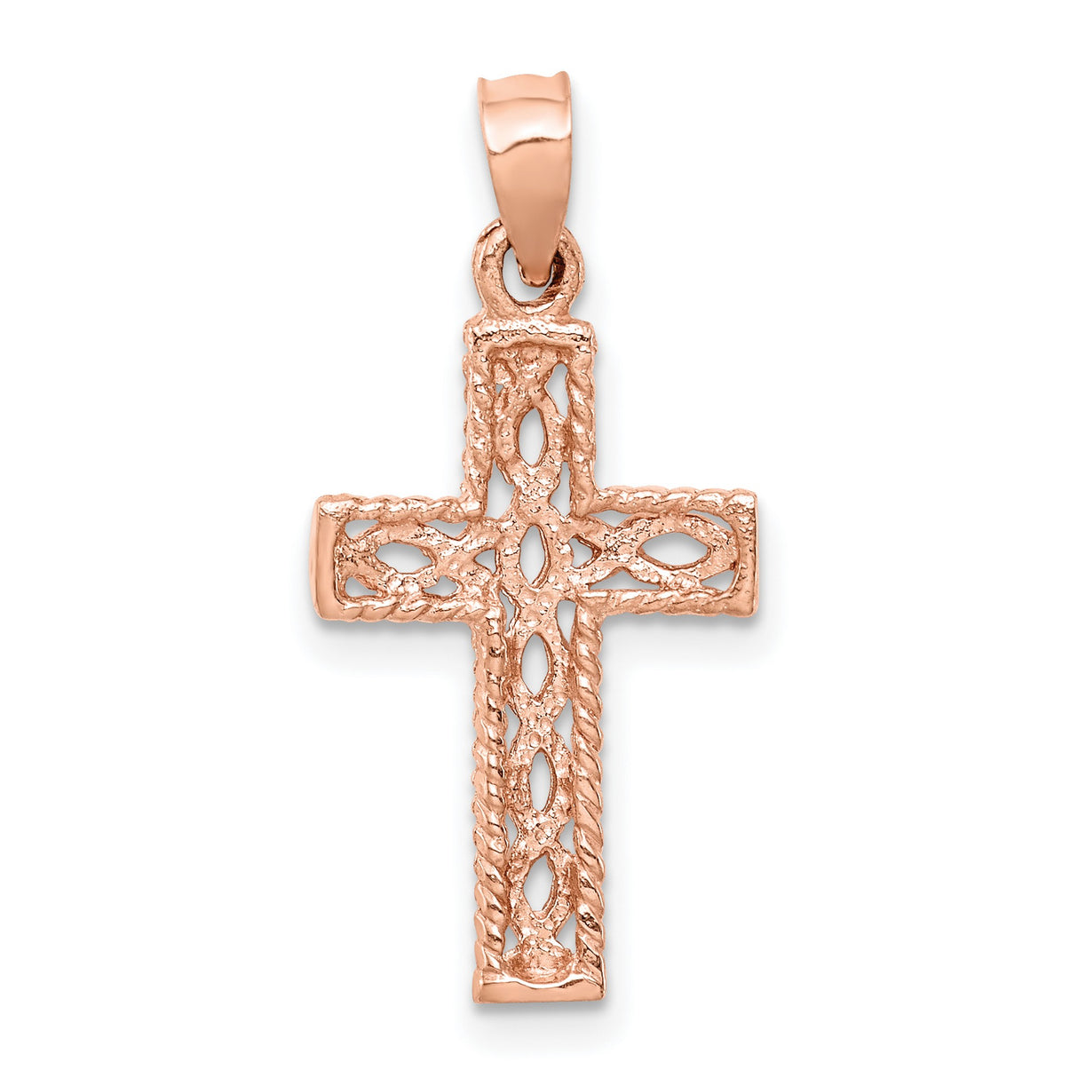 14k Rose Gold Cross Pendant with Braided Rope Texture and Celtic Knot Accents