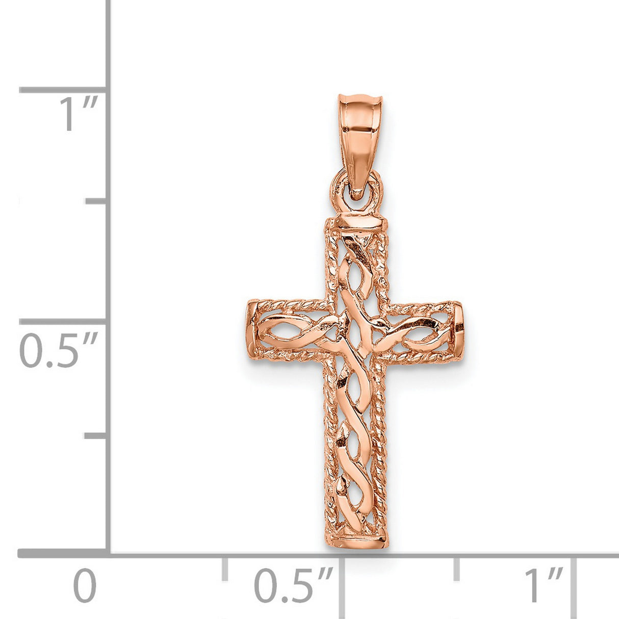 14k Rose Gold Cross Pendant with Braided Rope Texture and Celtic Knot Accents