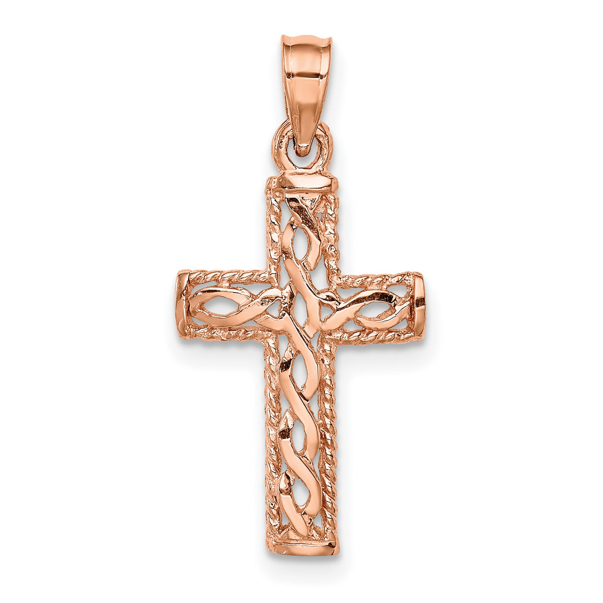14k Rose Gold Cross Pendant with Braided Rope Texture and Celtic Knot Accents