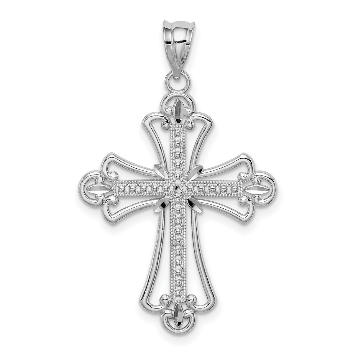 14k White Gold Diamond Cut Textured Cross Pendant with Polished Finish for Men and Women