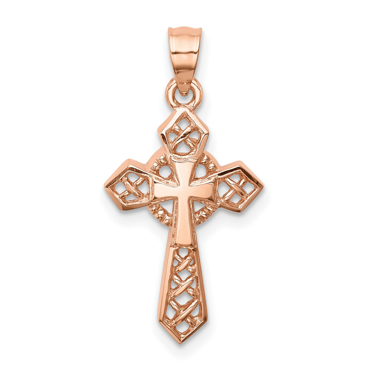 14k Rose Gold Cross Pendant with Openwork Design and High Polish Finish