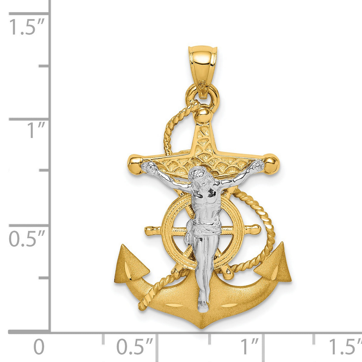14k Two-Tone Gold Mariner Cross Pendant with Satin and High Polish Finish Rope Anchor Design