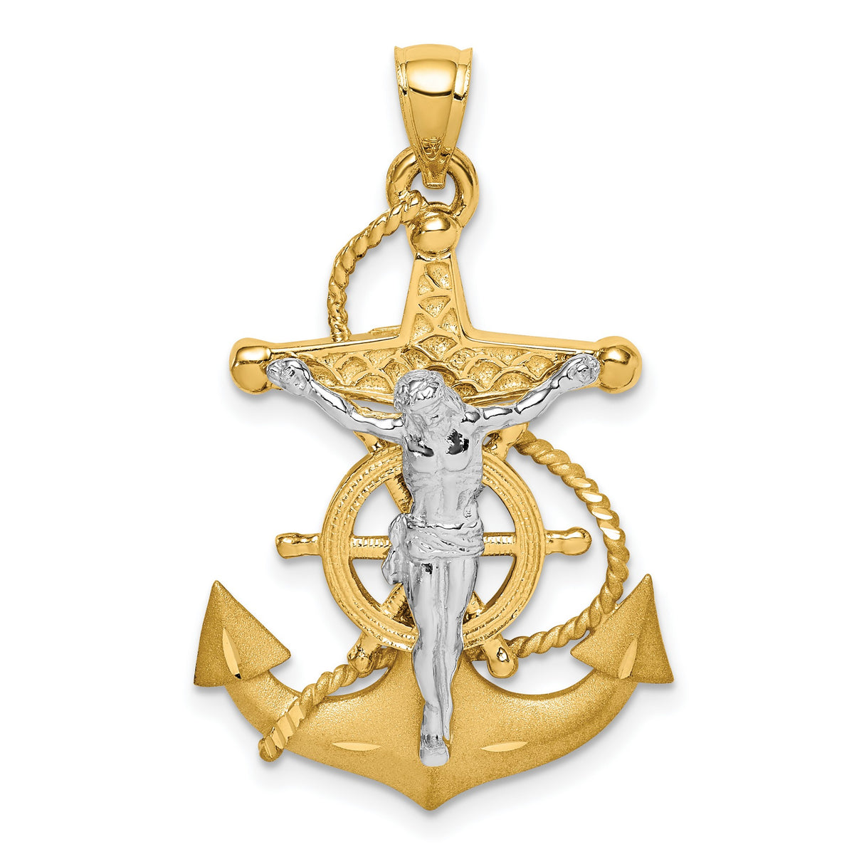 14k Two-Tone Gold Mariner Cross Pendant with Satin and High Polish Finish Rope Anchor Design