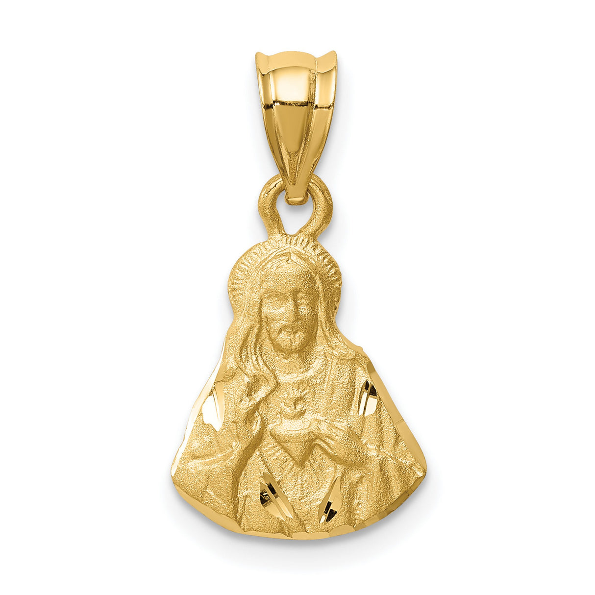 14k Yellow Gold Sacred Heart of Jesus Pendant, Brushed Religious Charm with Christ Bust