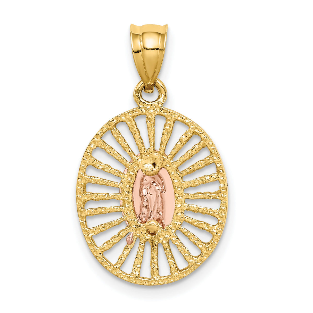 14k Two-Tone Gold Virgin Mary Oval Pendant with Sunburst Design, Religious Medallion for Women