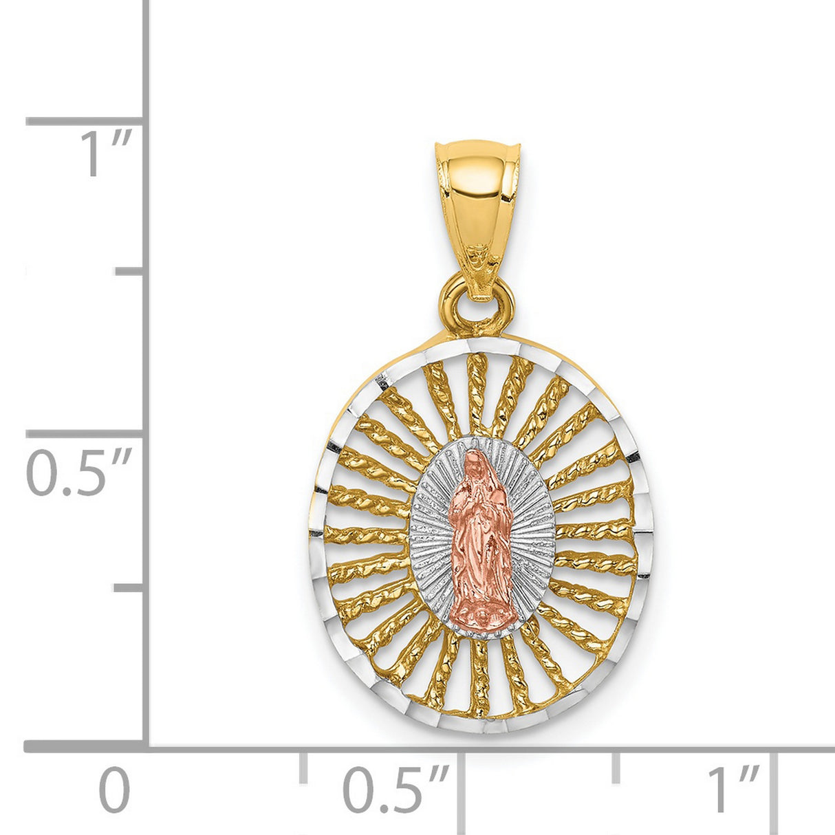 14k Two-Tone Gold Virgin Mary Oval Pendant with Sunburst Design, Religious Medallion for Women