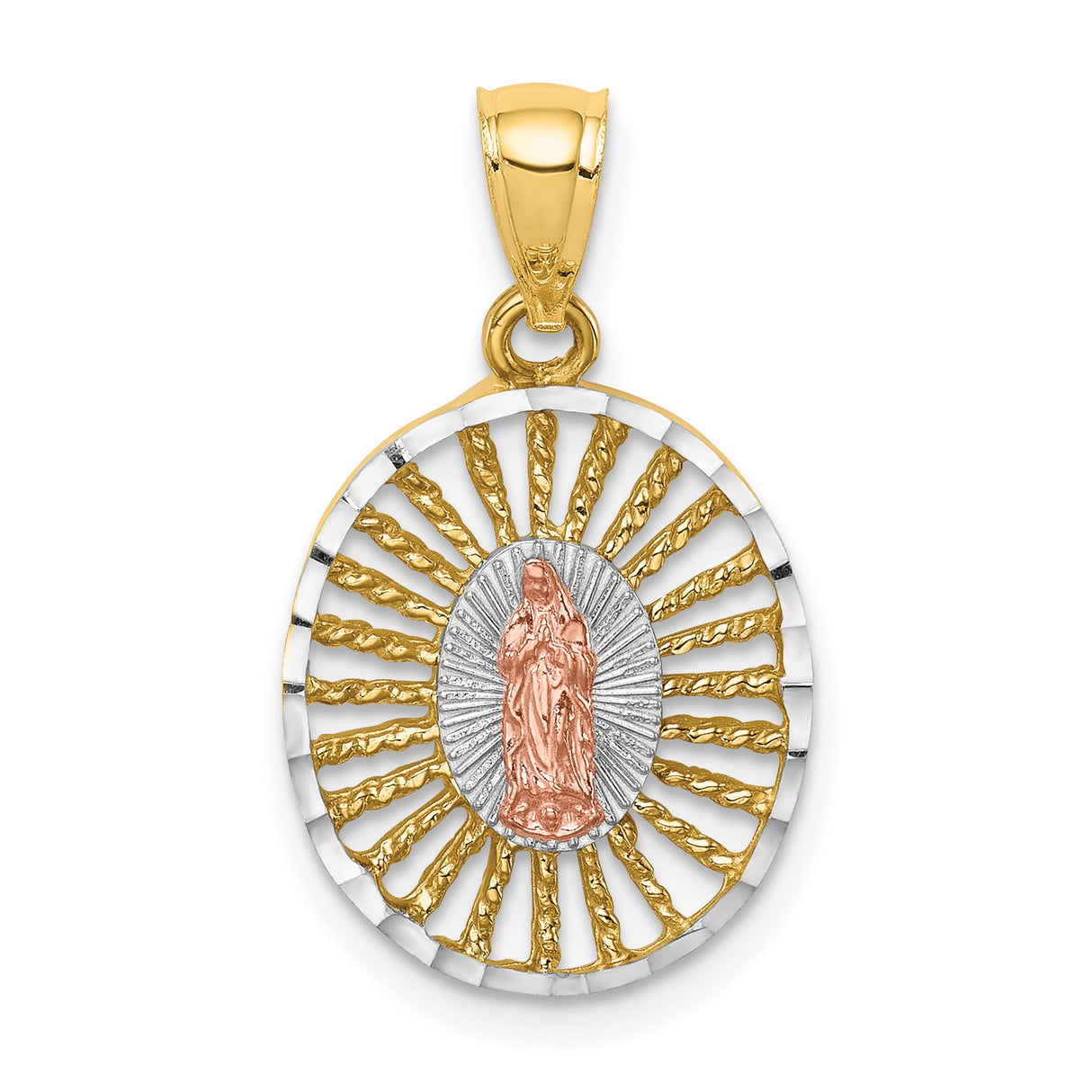 14k Two-Tone Gold Virgin Mary Oval Pendant with Sunburst Design, Religious Medallion for Women