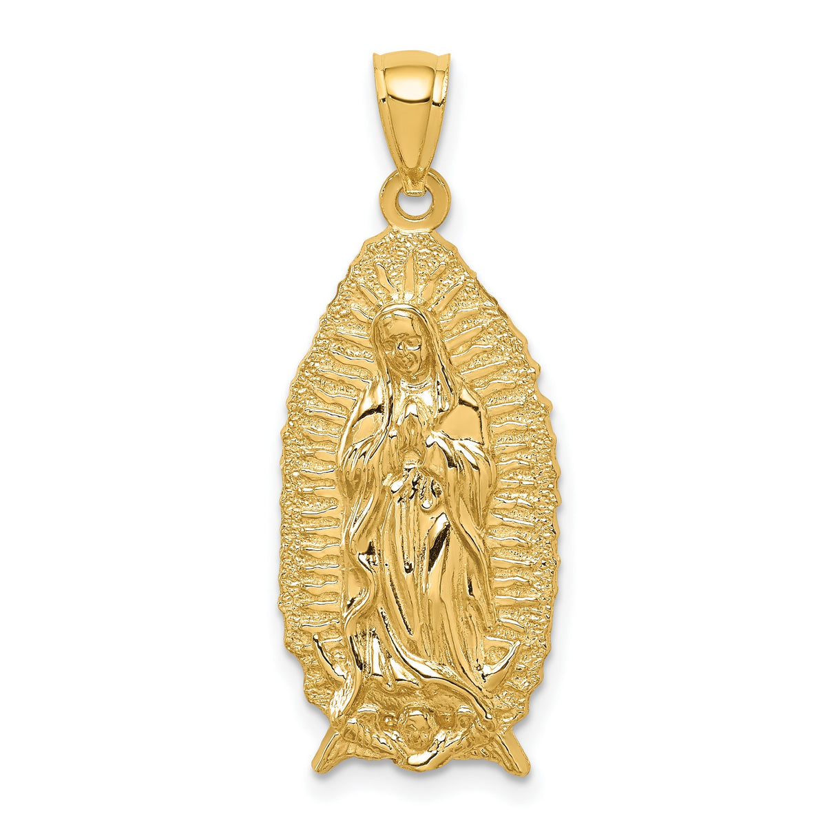 14k Yellow Gold Our Lady Guadalupe Pendant with Detailed Rays, Religious Marian Medal Charm