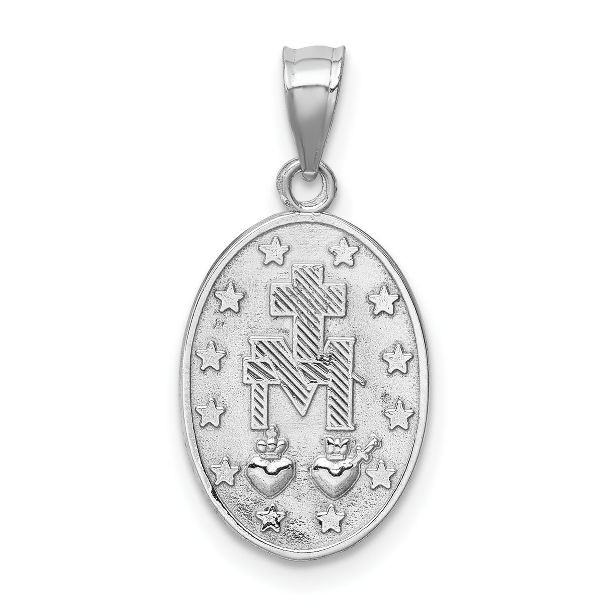 14k White Gold Miraculous Medal Pendant Featuring Virgin Mary and Inscription