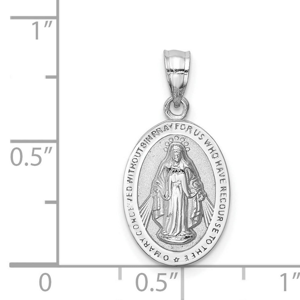 14k White Gold Miraculous Medal Pendant Featuring Virgin Mary and Inscription
