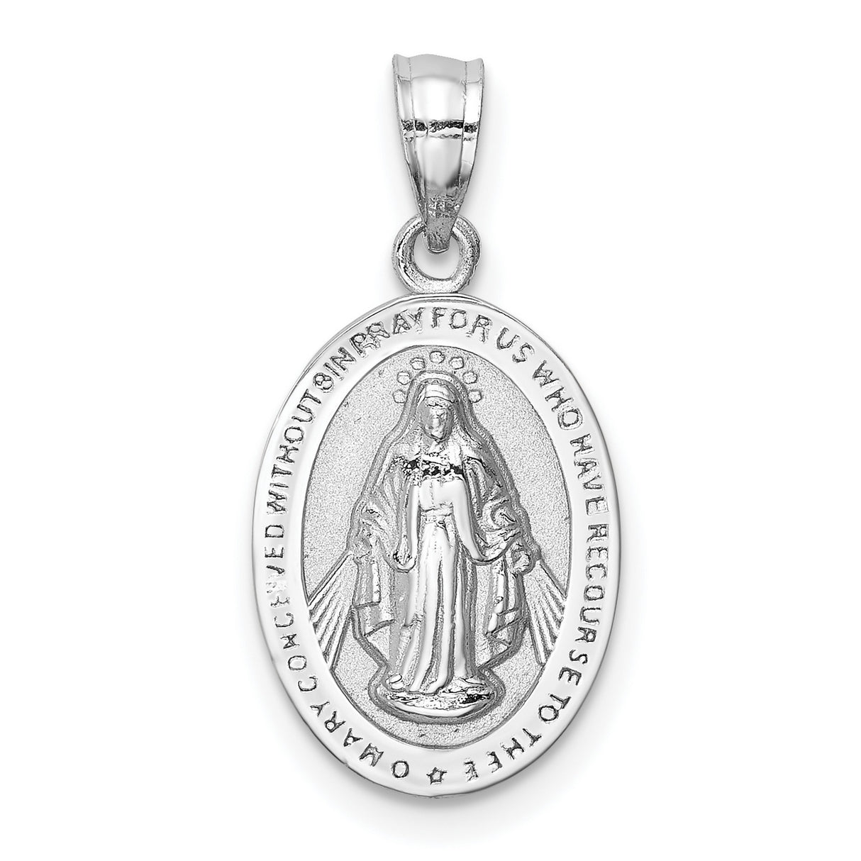 14k White Gold Miraculous Medal Pendant Featuring Virgin Mary and Inscription