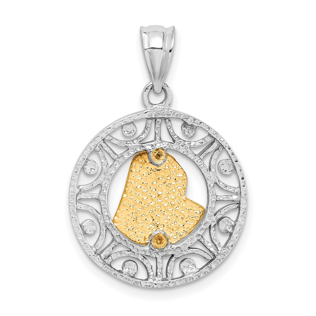14k Two-Tone Gold Virgin Mary Pendant with Yellow Gold Medallion and White Gold Filigree Circle