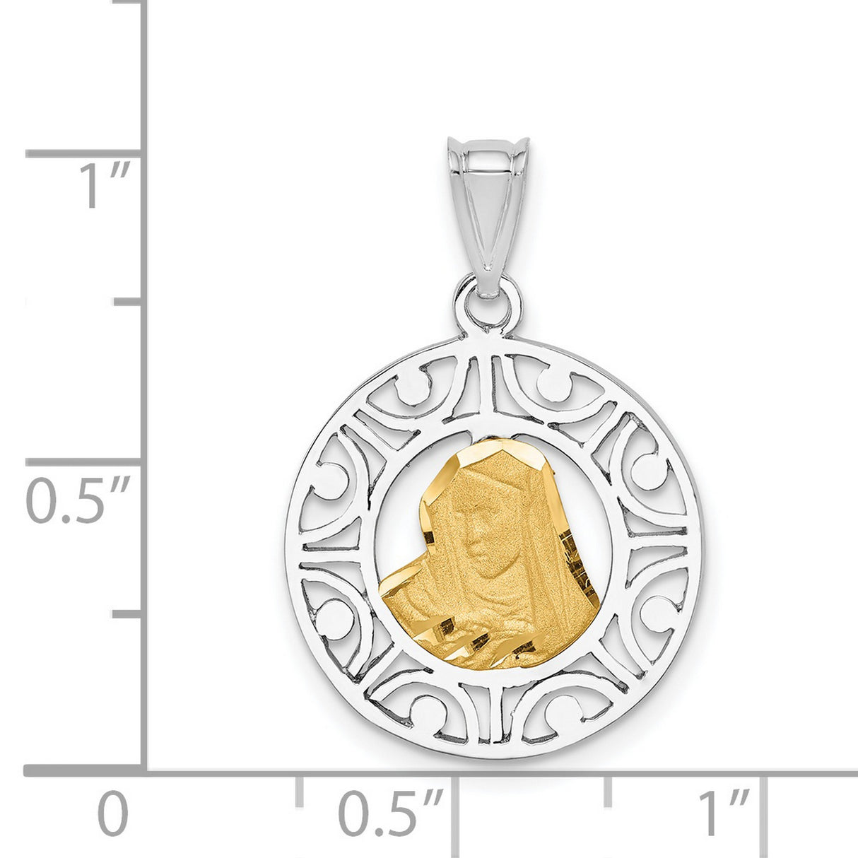 14k Two-Tone Gold Virgin Mary Pendant with Yellow Gold Medallion and White Gold Filigree Circle