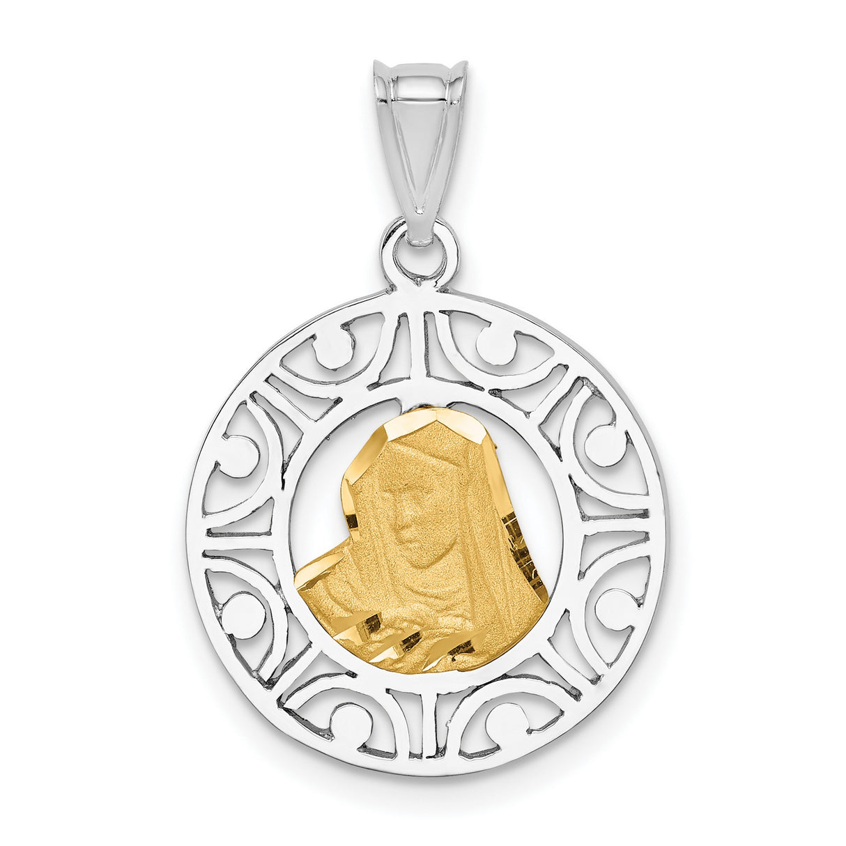 14k Two-Tone Gold Virgin Mary Pendant with Yellow Gold Medallion and White Gold Filigree Circle