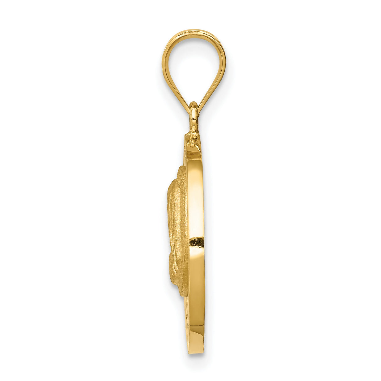 14k Yellow Gold Virgin Mary Pendant with Radiant Background and Filigree Leaf Border