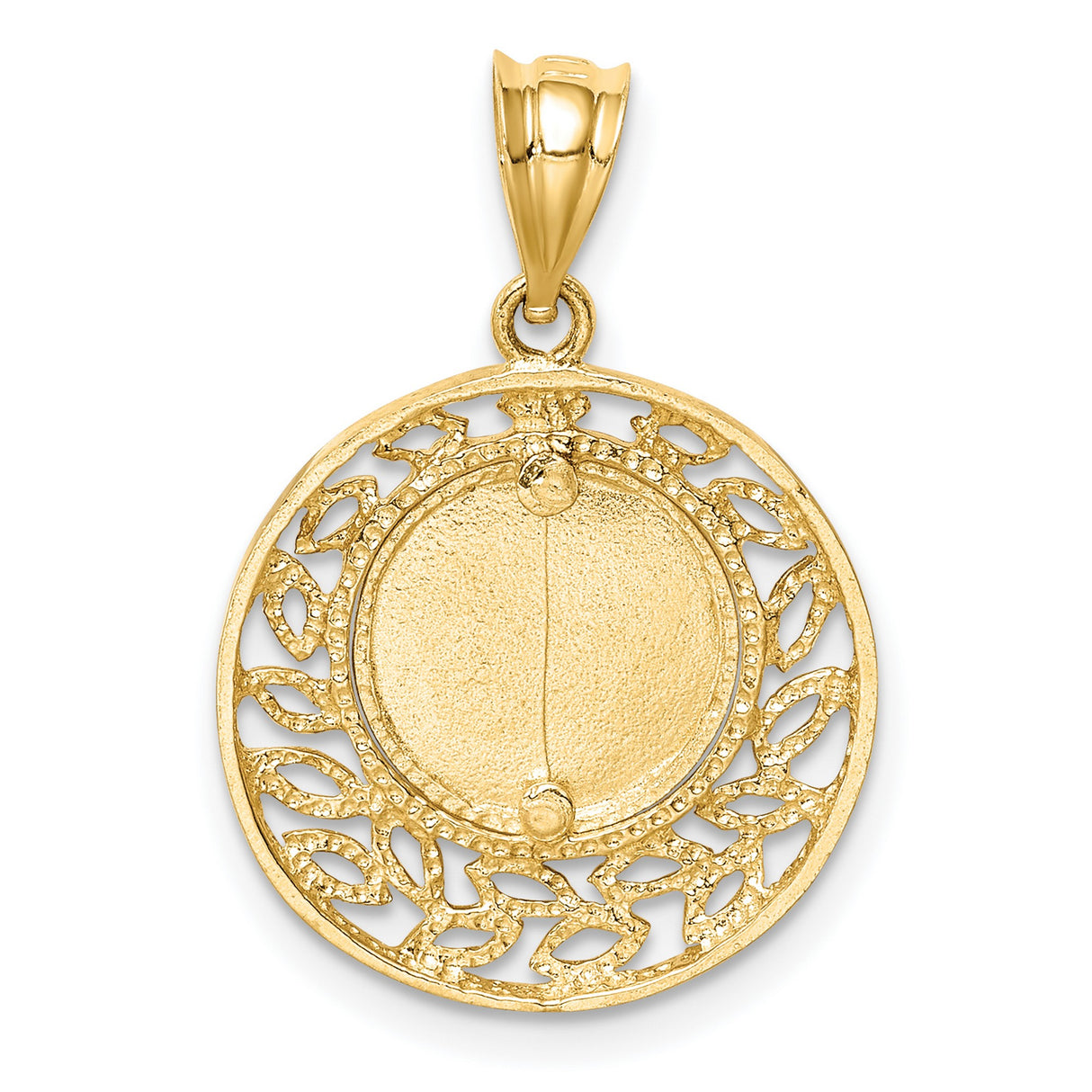 14k Yellow Gold Virgin Mary Pendant with Radiant Background and Filigree Leaf Border