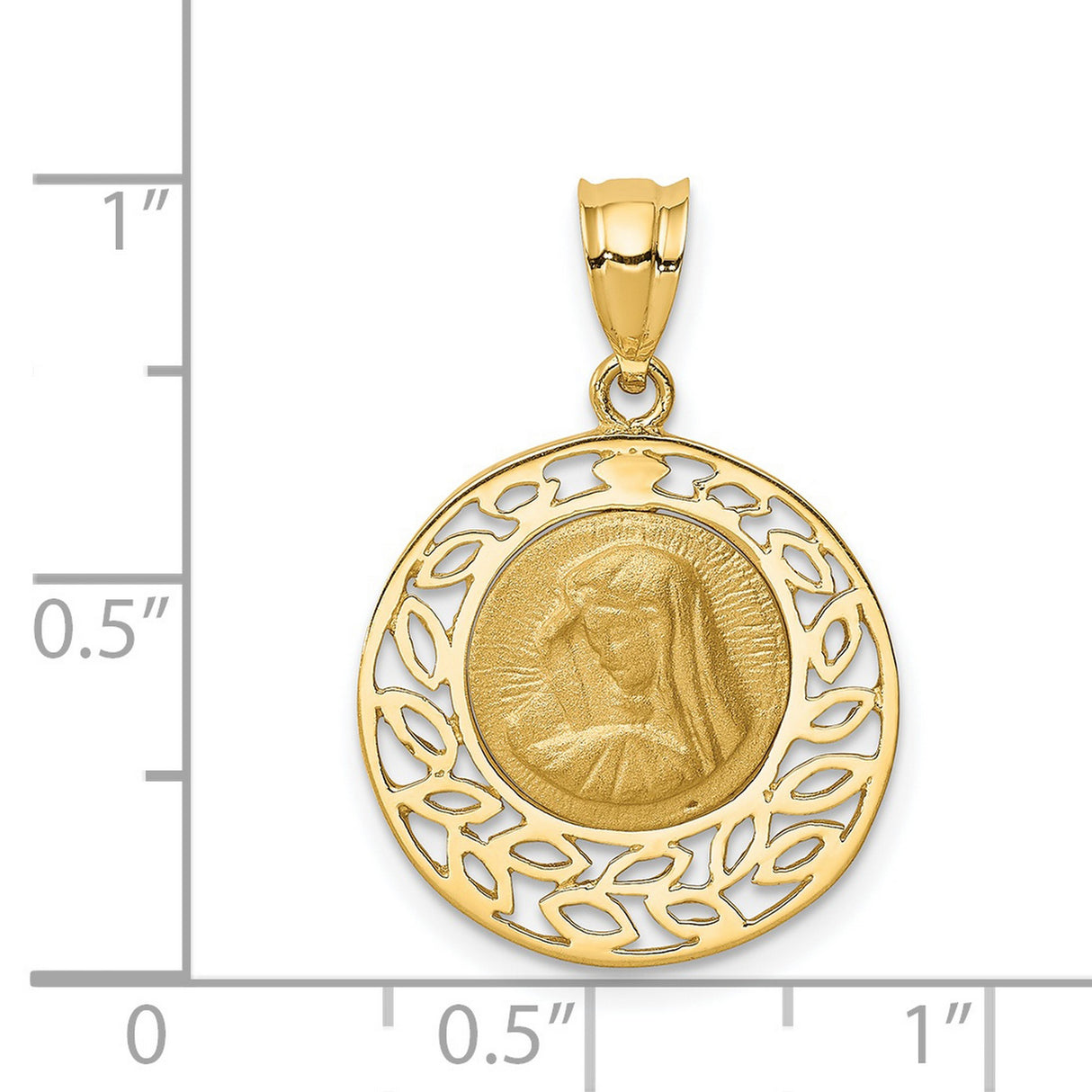 14k Yellow Gold Virgin Mary Pendant with Radiant Background and Filigree Leaf Border