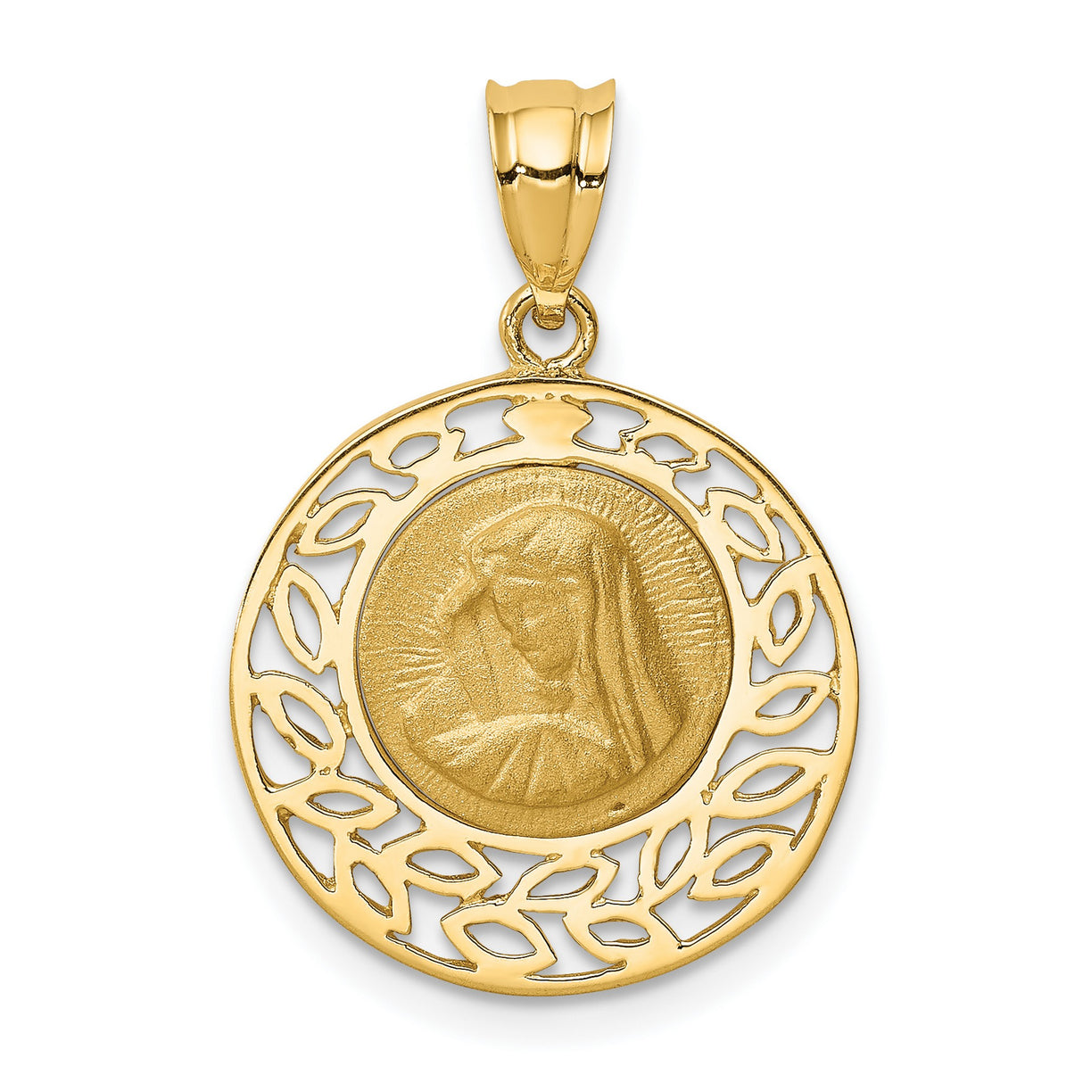 14k Yellow Gold Virgin Mary Pendant with Radiant Background and Filigree Leaf Border