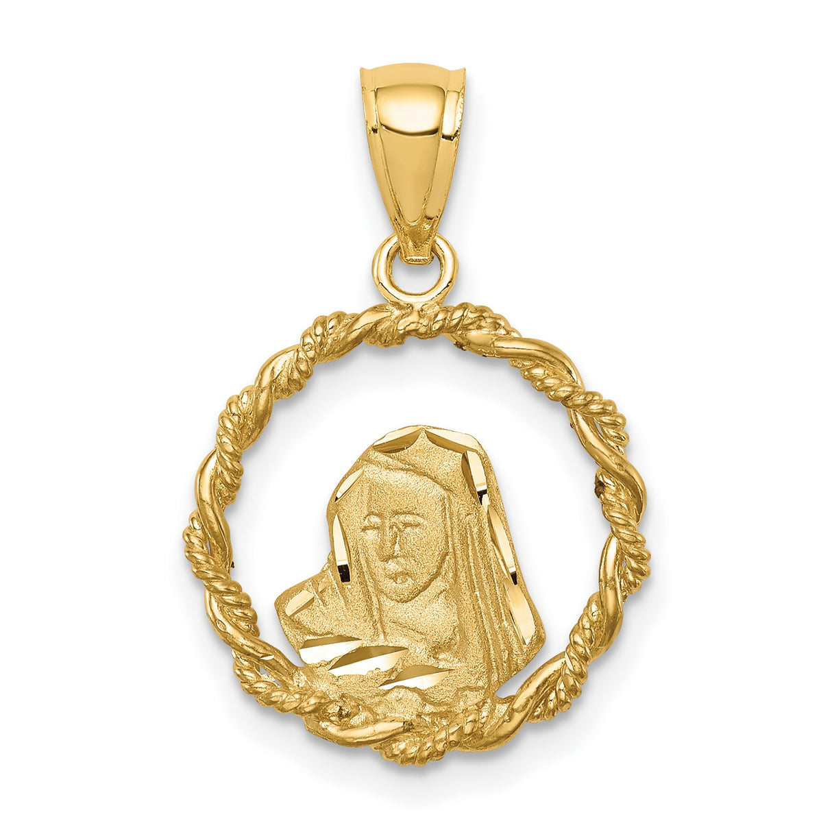 14k Yellow Gold Virgin Mary Pendant with Textured Rope Edge, Catholic Medallion Charm