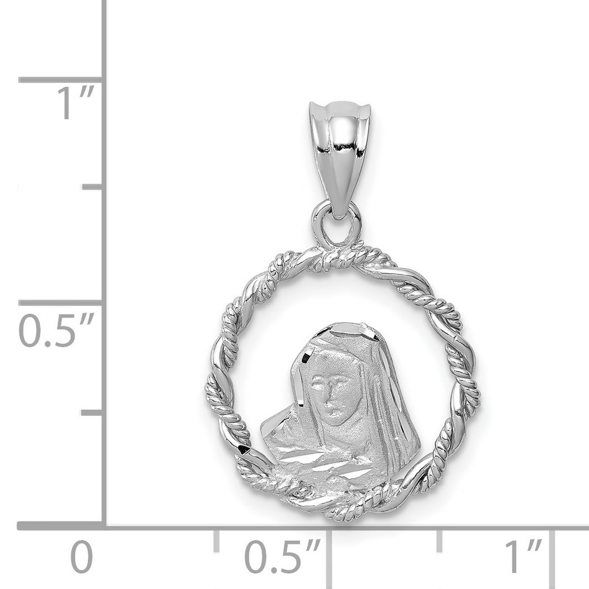 14k White Gold Virgin Mary Pendant with Twisted Rope Circle Frame, Catholic Religious Charm