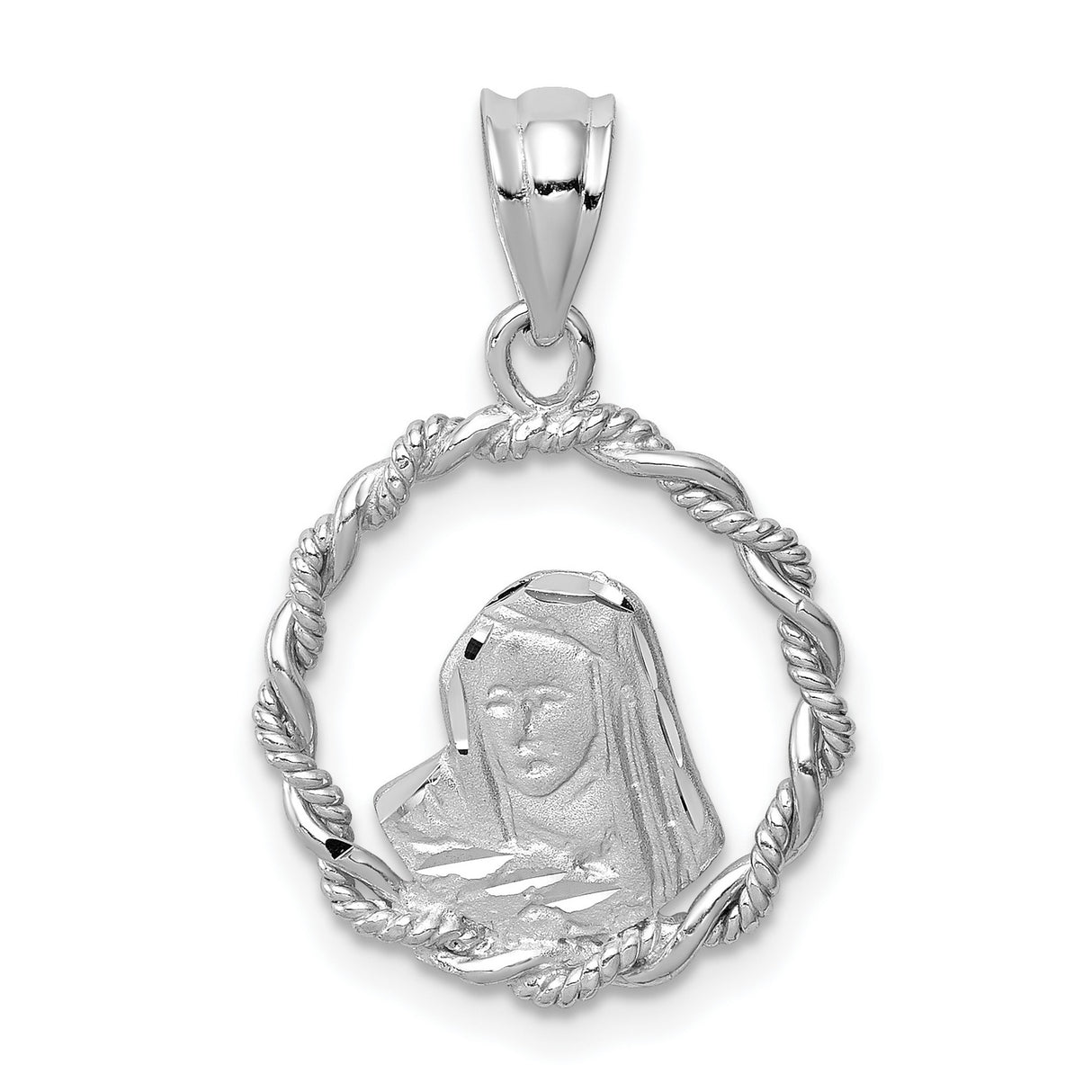 14k White Gold Virgin Mary Pendant with Twisted Rope Circle Frame, Catholic Religious Charm