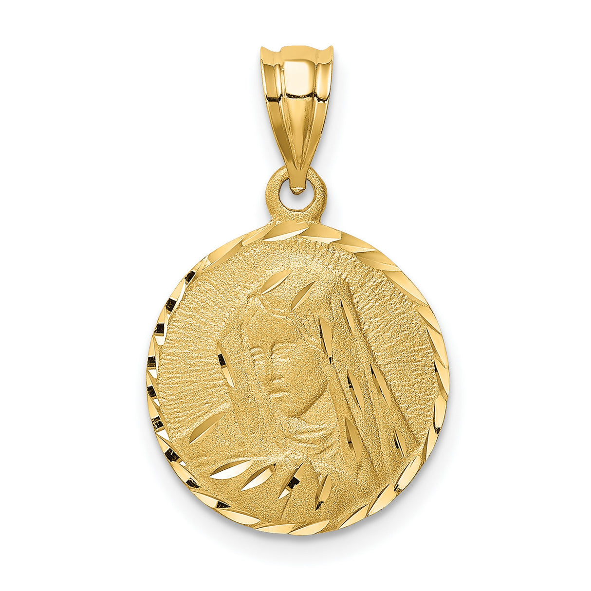 14k Yellow Gold Virgin Mary Medallion Pendant with Diamond Cut Accents, Catholic Medal Charm