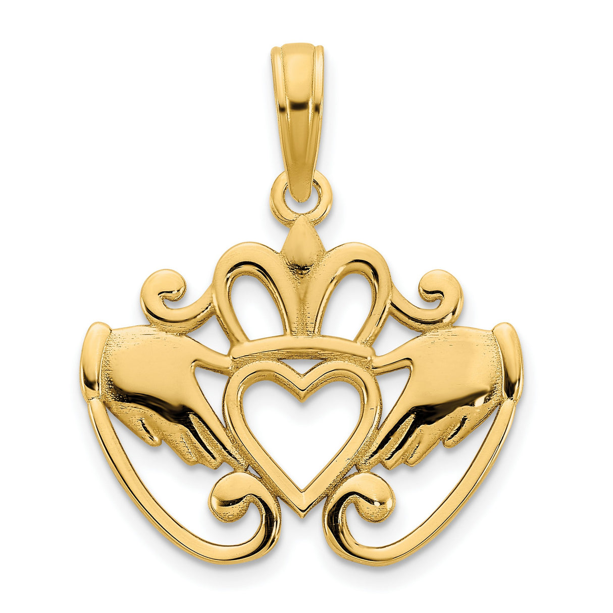 14k Yellow Gold Claddagh Pendant with Crown, Heart, and Hands, Celtic Symbol of Love and Loyalty