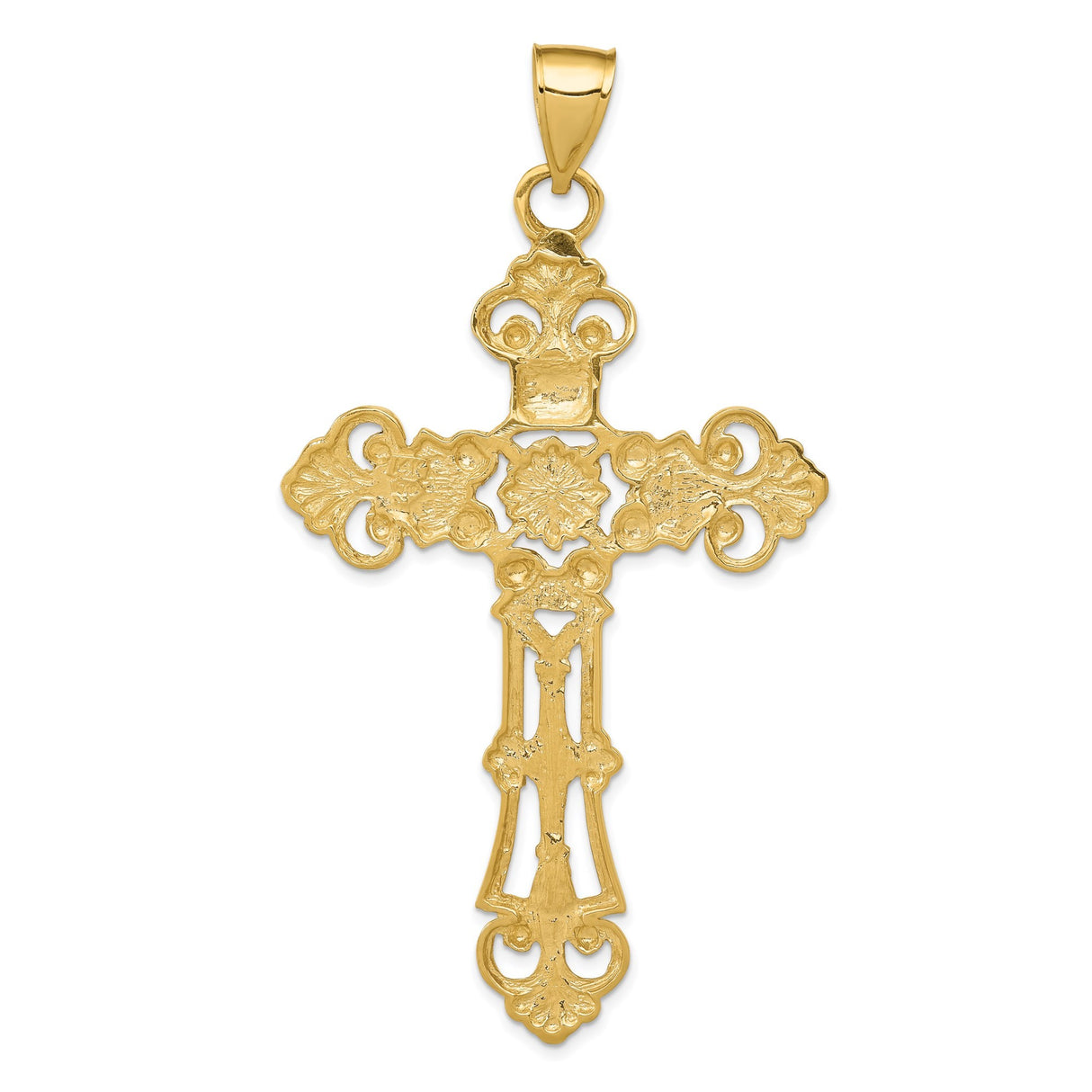 14k Yellow Gold Fleur De Lis Cross Pendant with Baroque Filigree Scrollwork