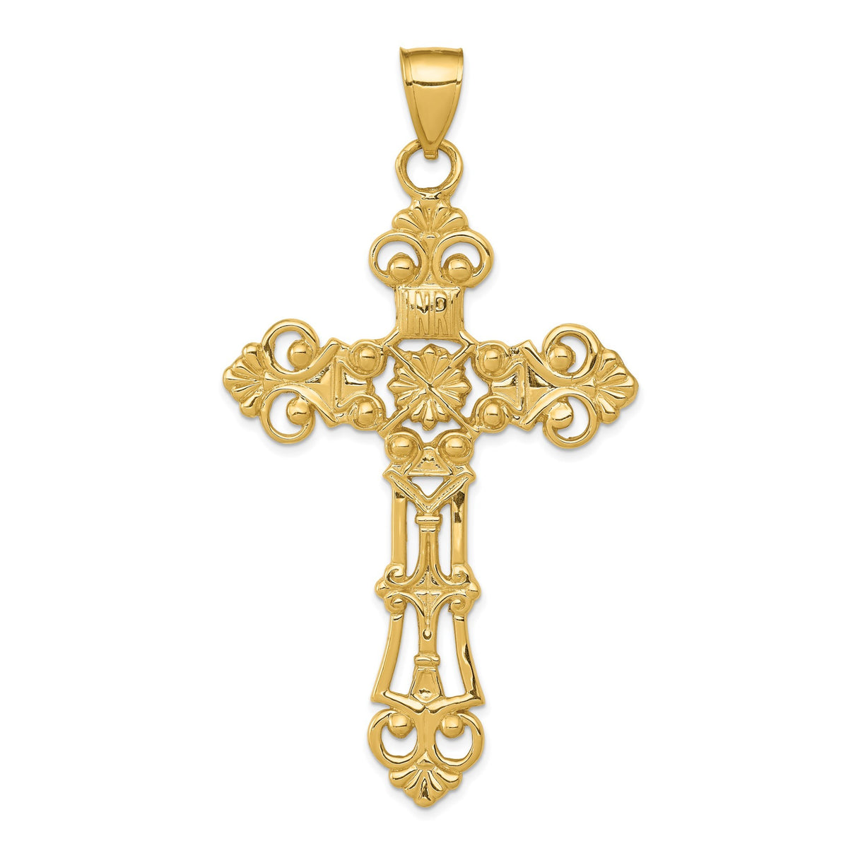 14k Yellow Gold Fleur De Lis Cross Pendant with Baroque Filigree Scrollwork