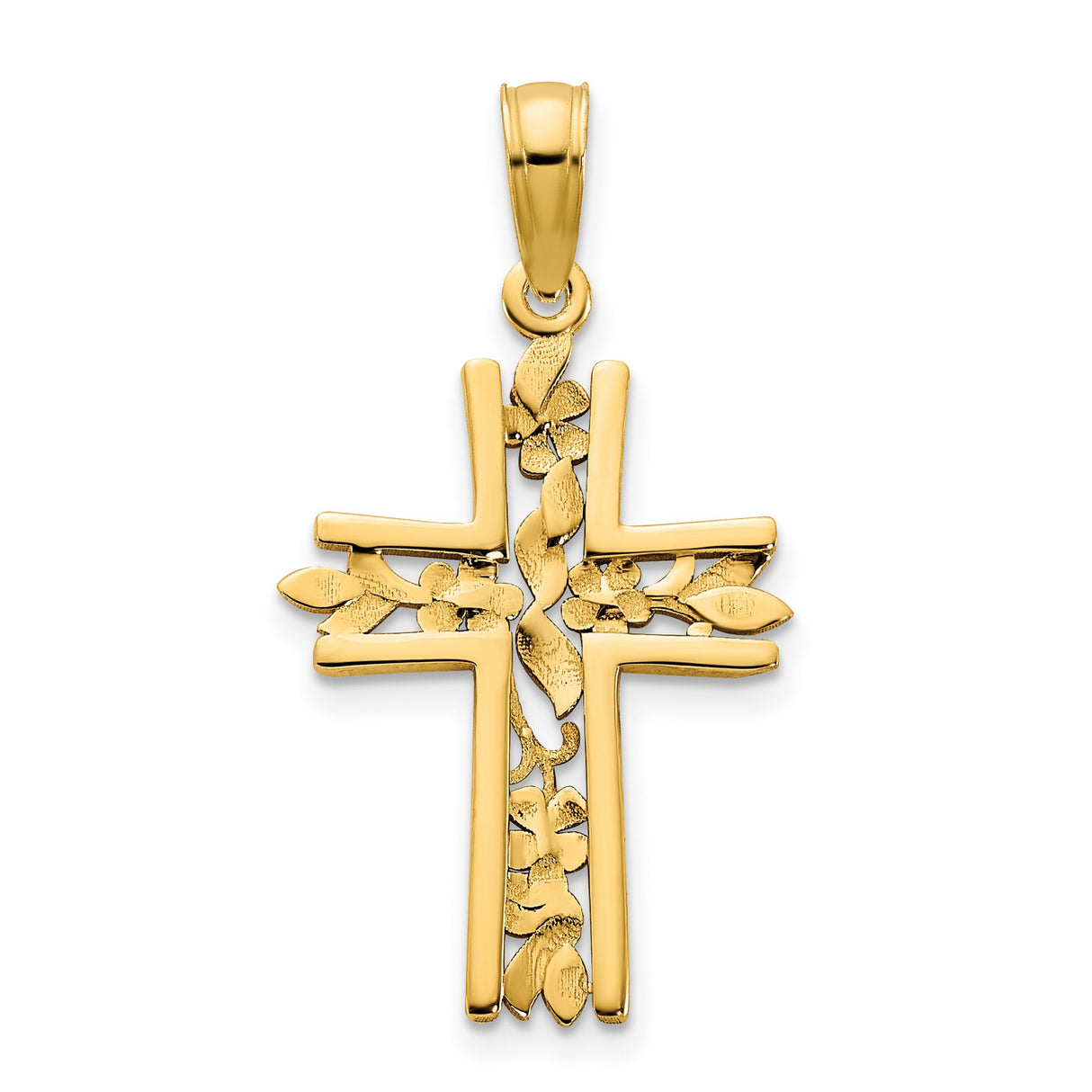 14k Yellow Gold Cross Pendant with Floral Filigree, Leaf and Vine Motif, Polished Finish