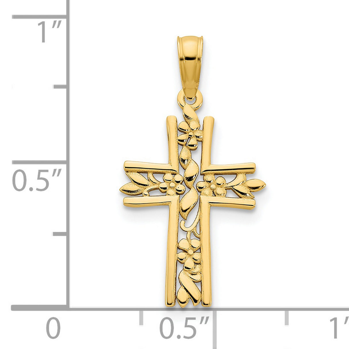 14k Yellow Gold Cross Pendant with Floral Filigree, Leaf and Vine Motif, Polished Finish