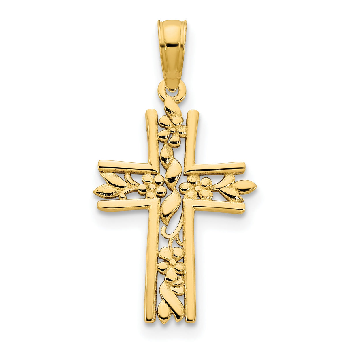 14k Yellow Gold Cross Pendant with Floral Filigree, Leaf and Vine Motif, Polished Finish