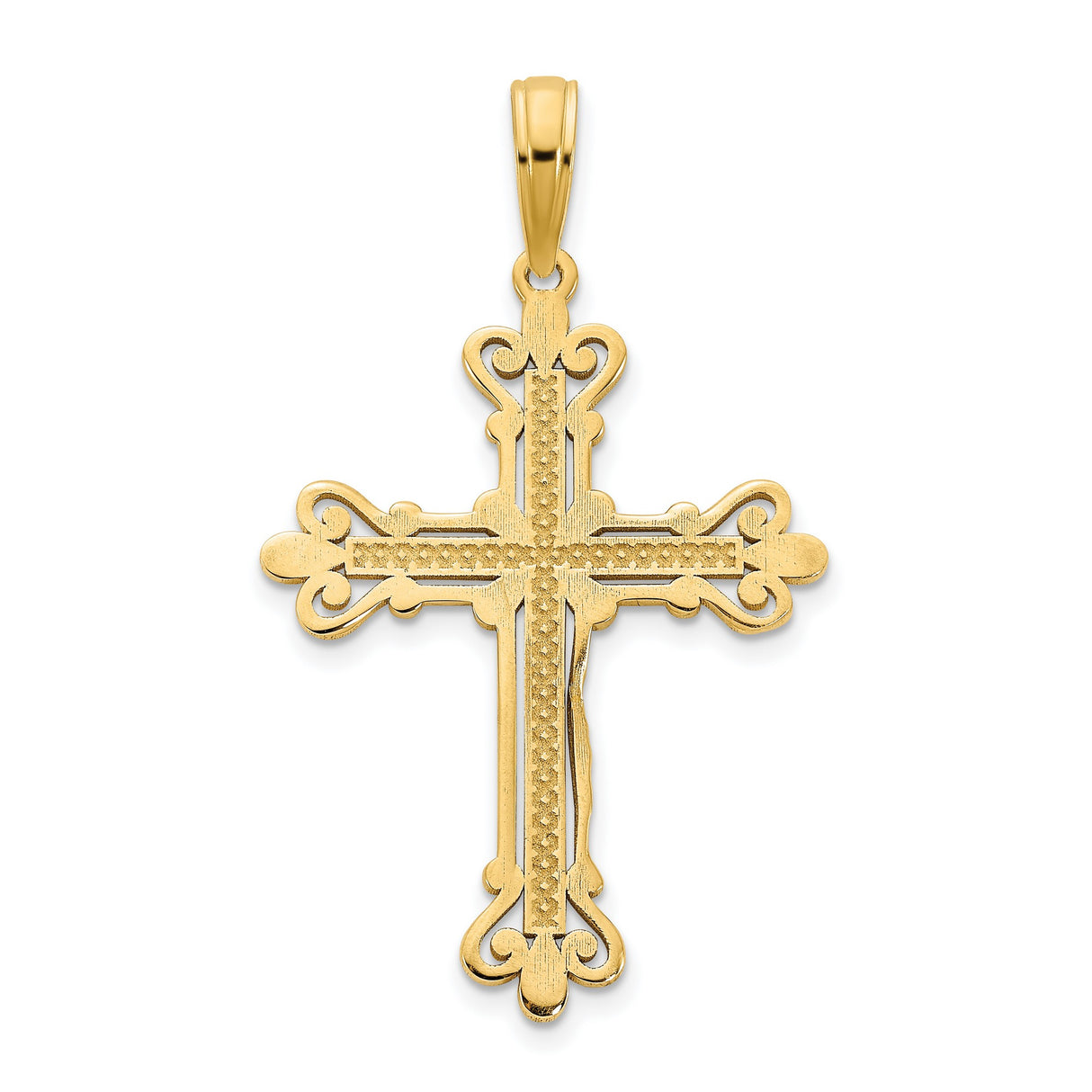 14k Yellow Gold Cross Pendant with Baroque Scrollwork Detailing for Men and Women