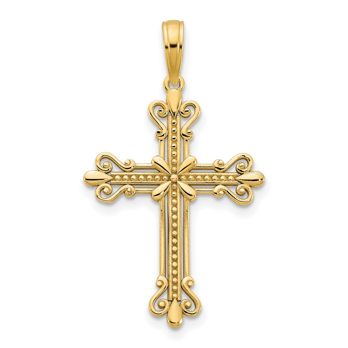 14k Yellow Gold Cross Pendant with Baroque Scrollwork Detailing for Men and Women